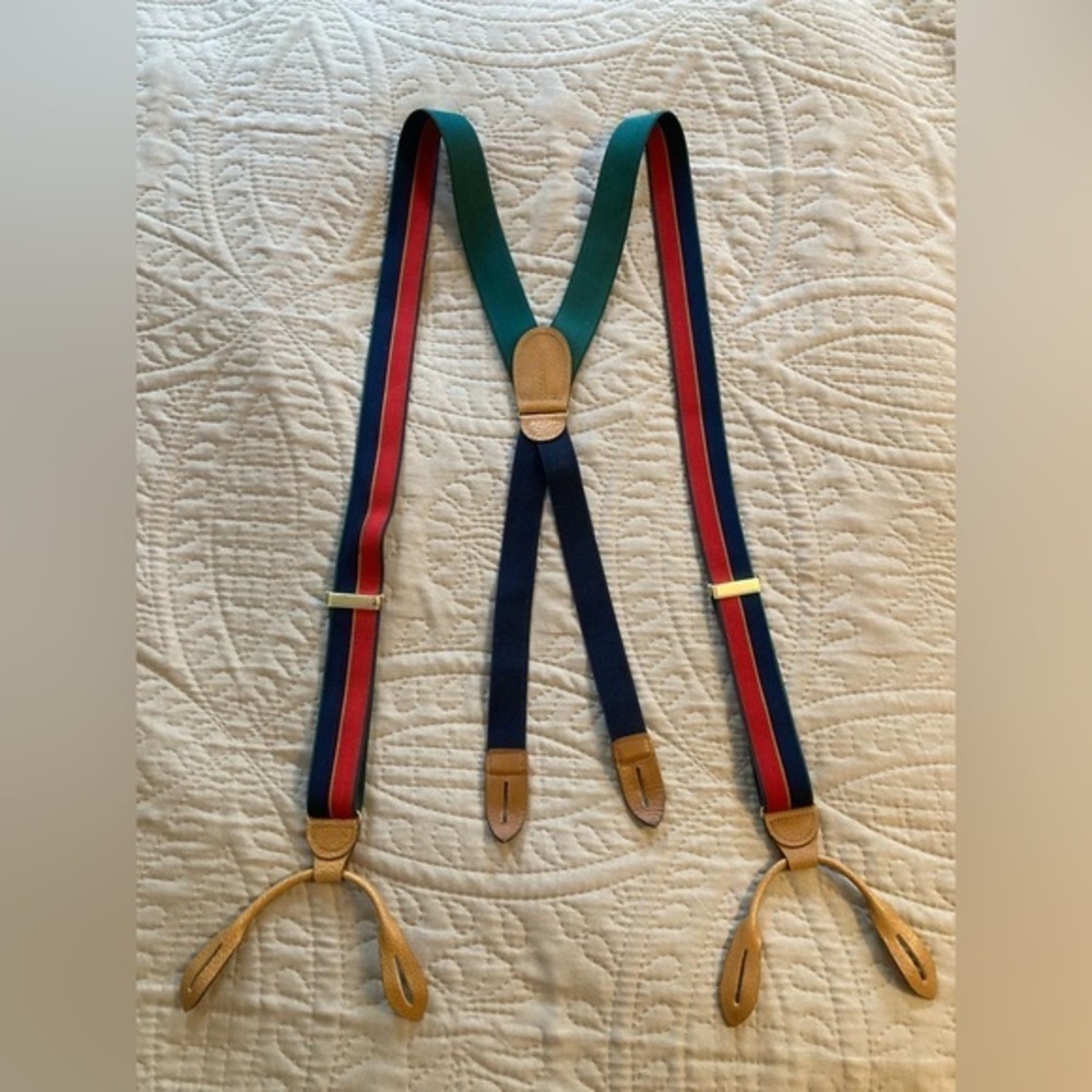Vintage Mens Cole Haan Red, Navy,  And Green suspenders w/ leather attachments